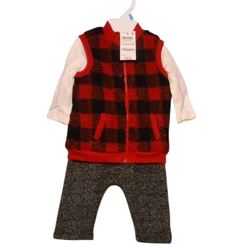 First Impressions Boys Red and Black Plaid Vest Outfit 3 Piece NWT 3-6 Months